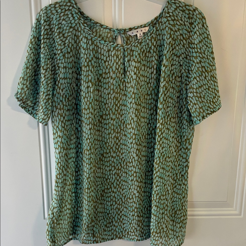 CAbi Teal and Olive Green Printed Short Sleeve Blouse